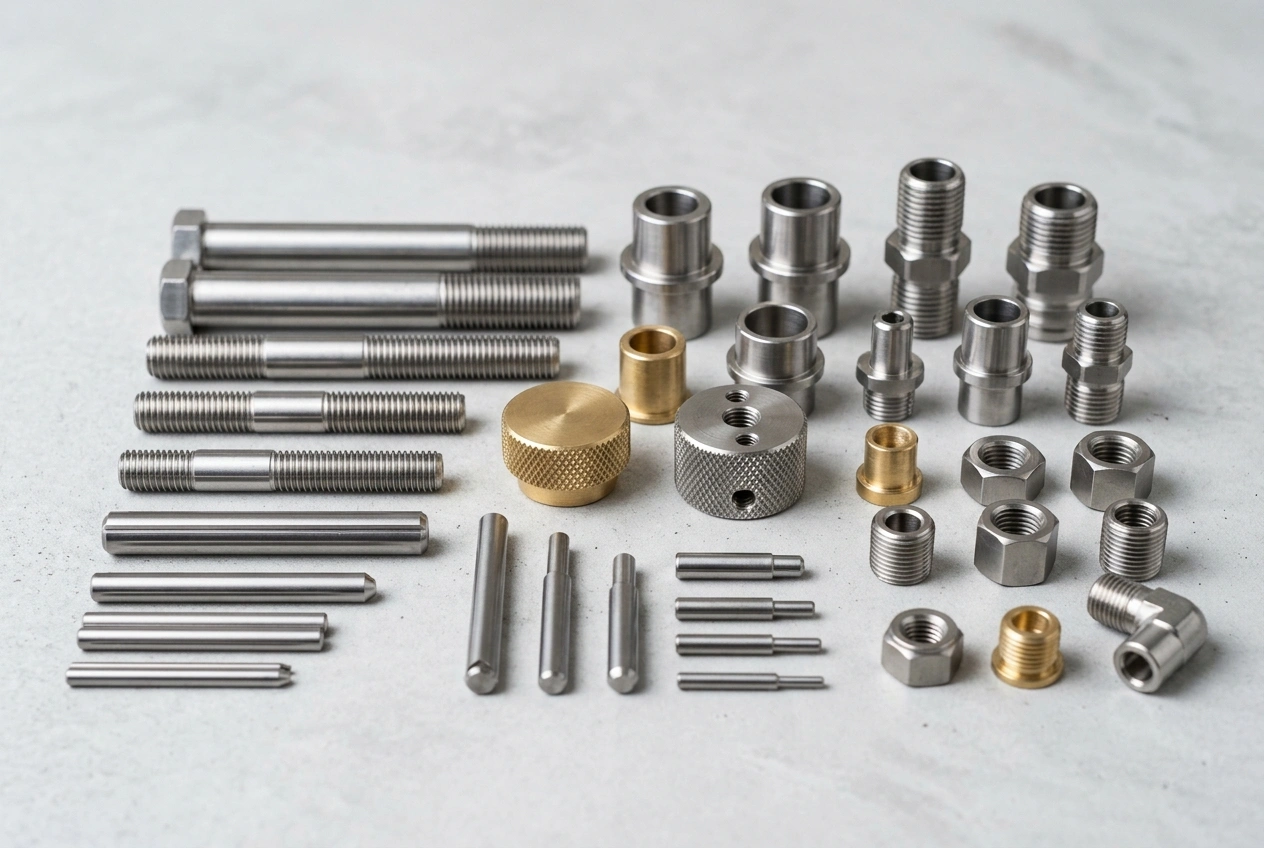 Assorted CNC turned precision pins threaded shafts bushings and stainless steel fittings