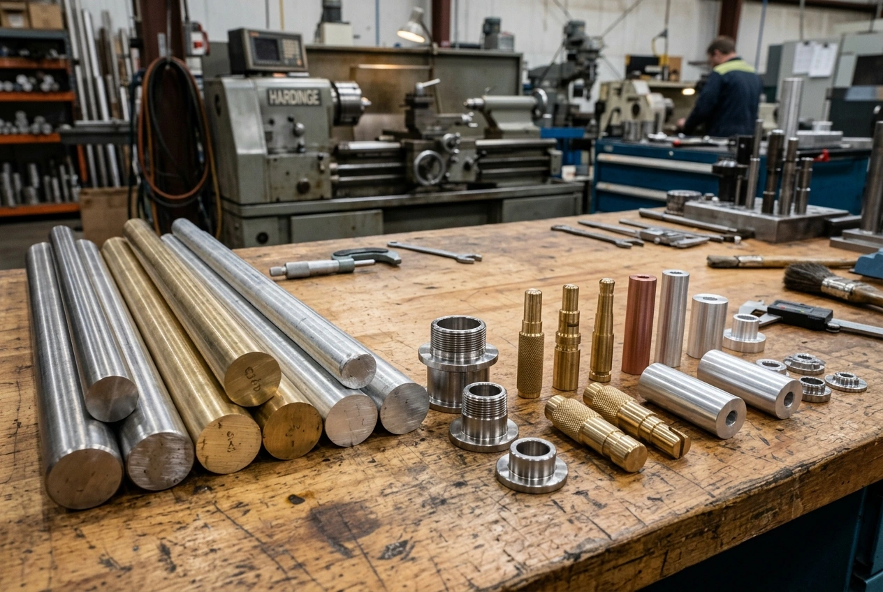 Metal bar stock in stainless steel brass and aluminum with CNC turned sample bushings and pins
