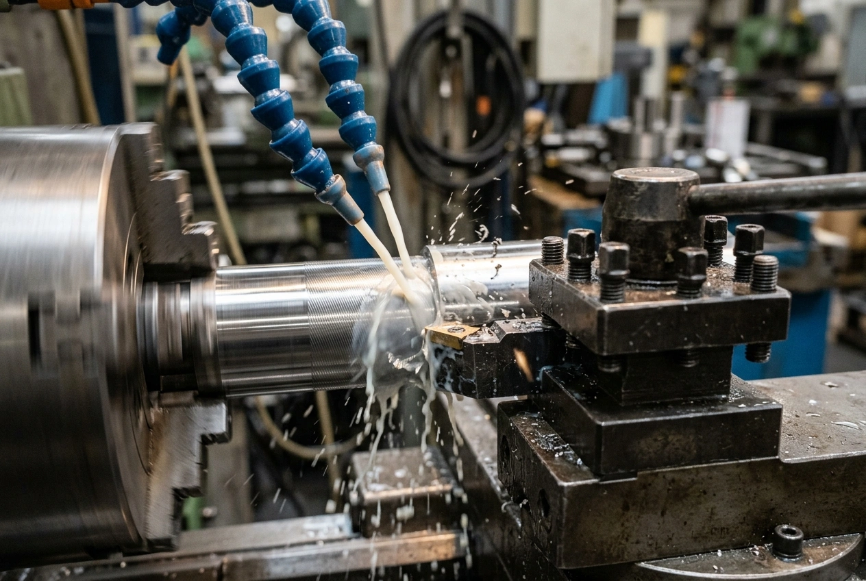 Close-up of CNC lathe cutting tool working on a rotating metal workpiece with coolant