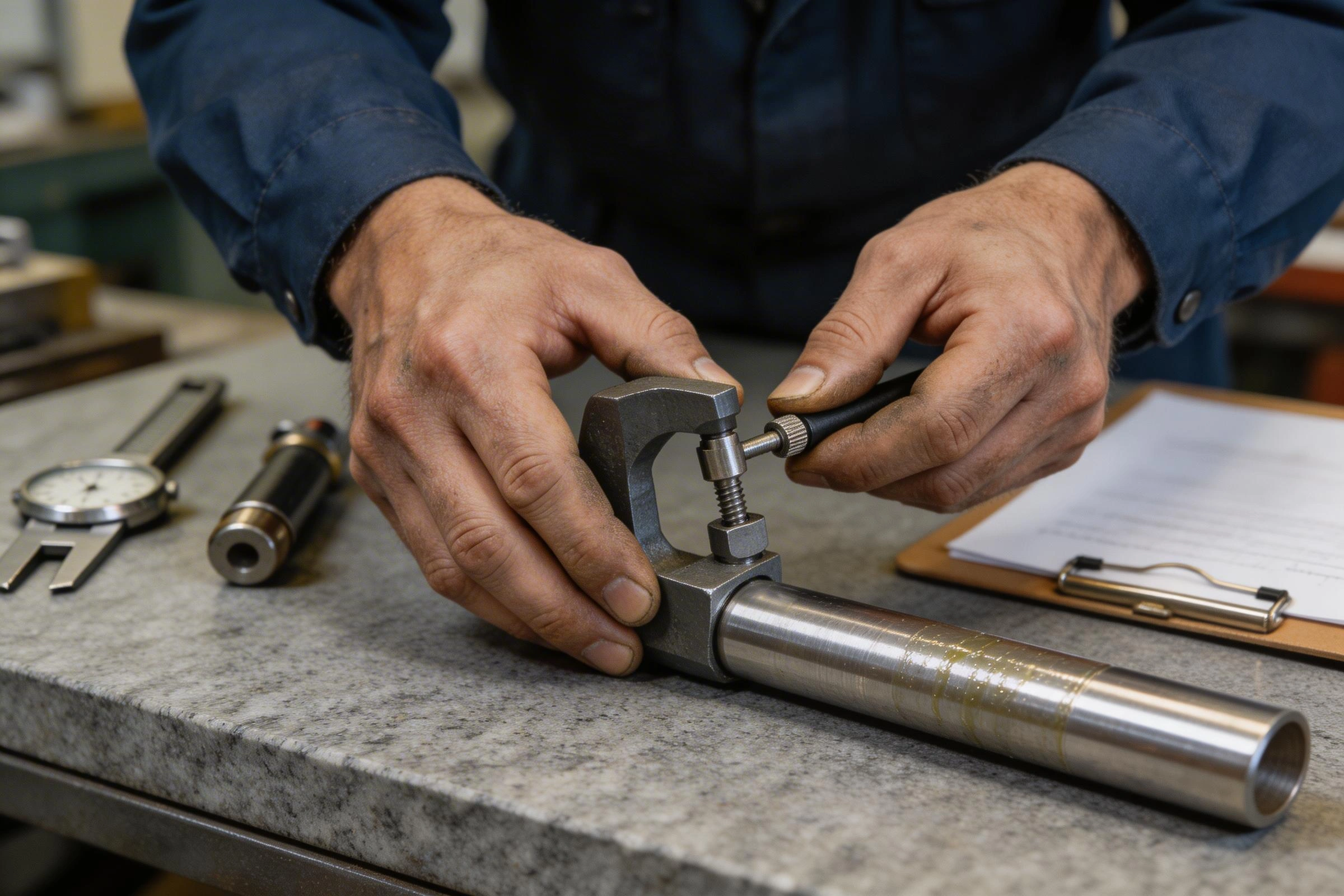 Quality inspector checking CNC turned part diameter with digital micrometer on granite surface plate