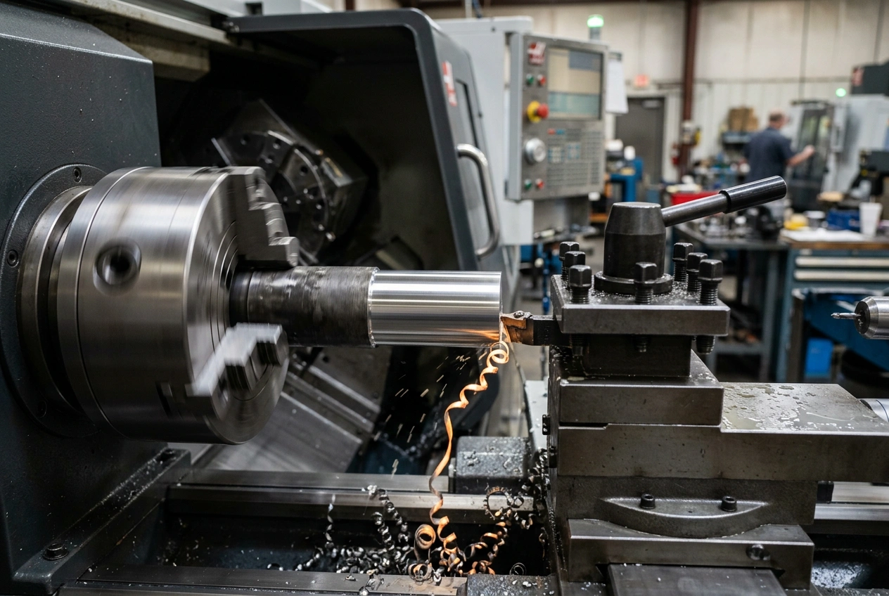 CNC lathe turning a steel shaft with cutting tool engaged producing smooth cylindrical surface