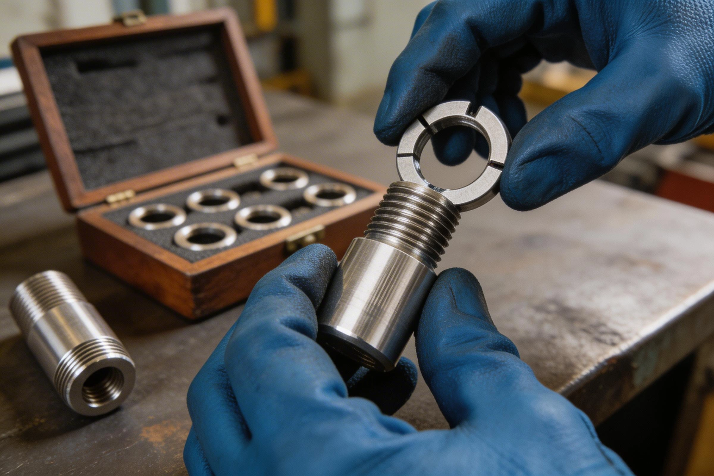 Thread ring gauge checking external threads on CNC turned stainless steel component