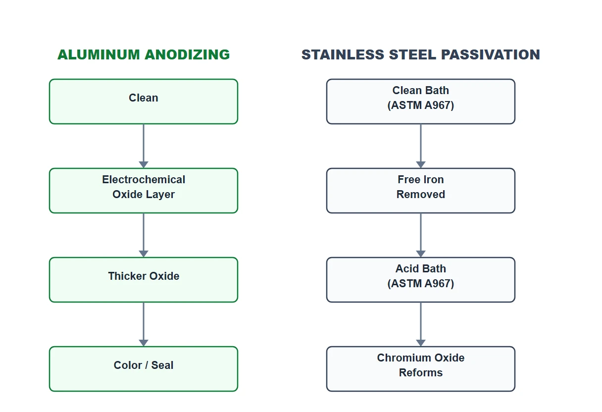 Side-by-side illustration of aluminum anodizing process versus stainless steel passivation process