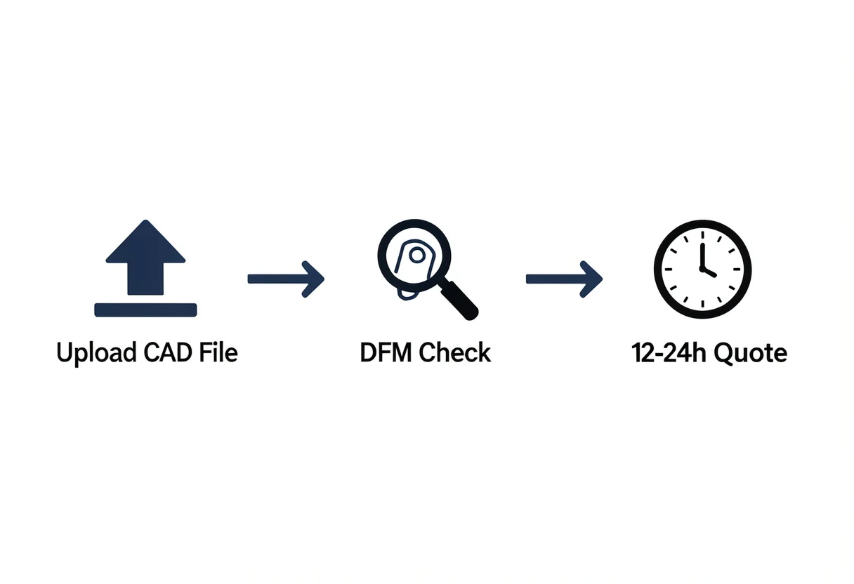 Flow diagram showing file upload, automated DFM check, and 12 to 24 hour quote turnaround