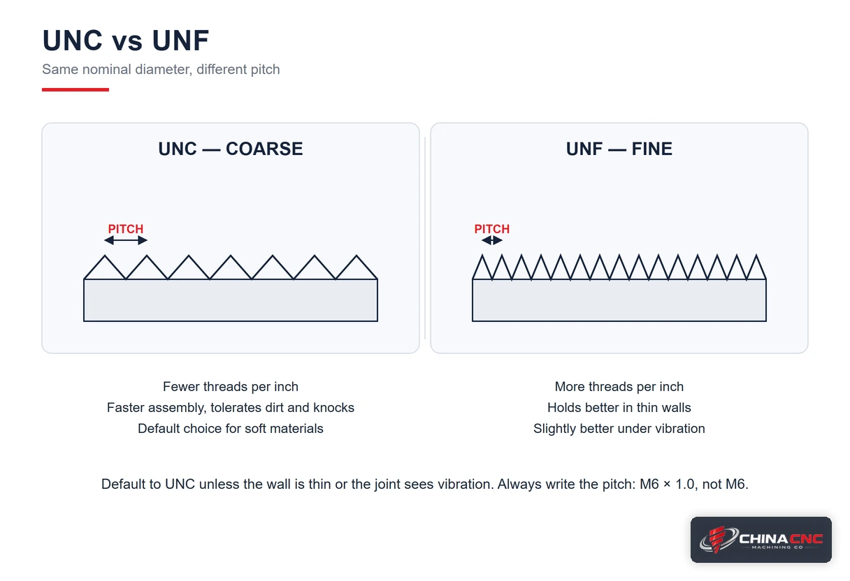Side-by-side thread profile comparison showing widely spaced UNC coarse thread crests against closely spaced UNF fine thread crests at the same nominal diameter